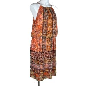 London Times Aztec Boho Knee Length Dress Orange Sleeveless Halter Womens 14
